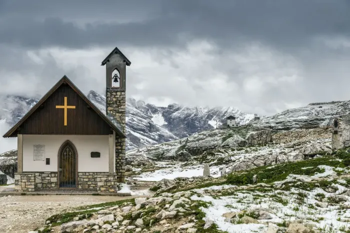 Framed Print : Small mountain church in the Dolomites after a summer snowfall, Cadore, Veneto, Italy Framed Print : Small mountain church in the Dolomites after a summer snowfall, Cadore, Veneto, Italy
