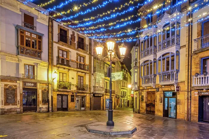 Framed Print : Small square adorned with Christmas lights in the old town, Oviedo, Asturias, Spain Framed Print : Small square adorned with Christmas lights in the old town, Oviedo, Asturias, Spain