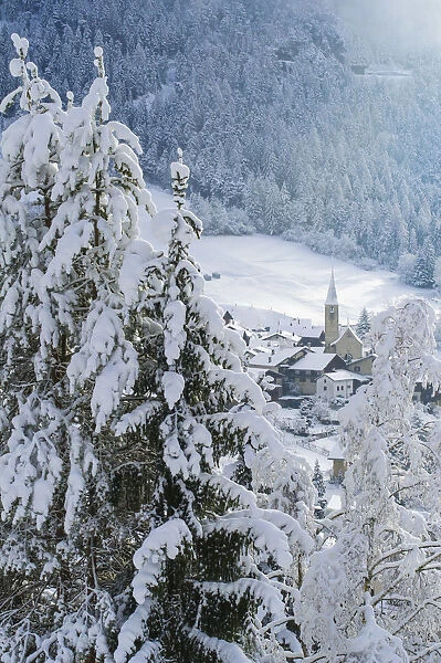 The small town of Filisur with snow in winter. Switzerland, Europe