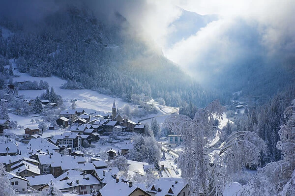 The small town of Filisur with snow in winter. Switzerland, Europe