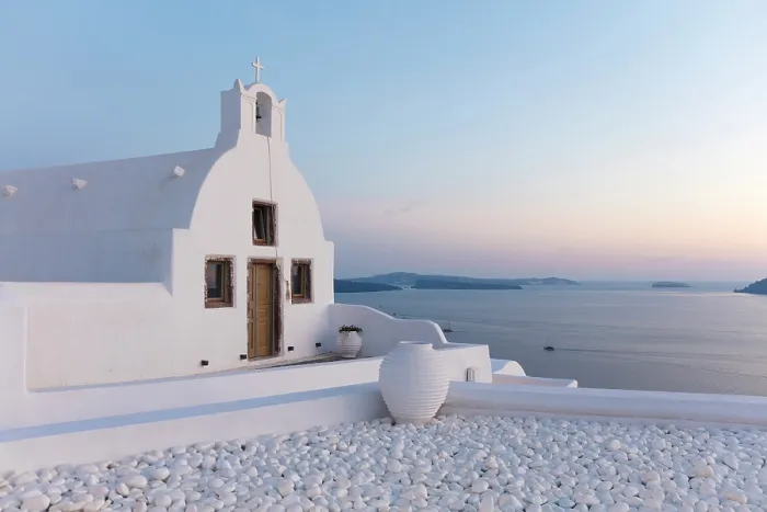 Framed Print : Small traditional Greek whitewashed church at dawn, with caldera view, Oia, Santorini, Cyclades Islands, Greece, Europe Framed Print : Small traditional Greek whitewashed church at dawn, with caldera view, Oia, Santorini, Cyclades Islands, Greece, Europe