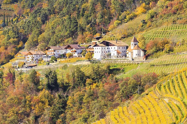 The small village of San Pietro, above colors of autumn, Merano, Sudtirol, Italy