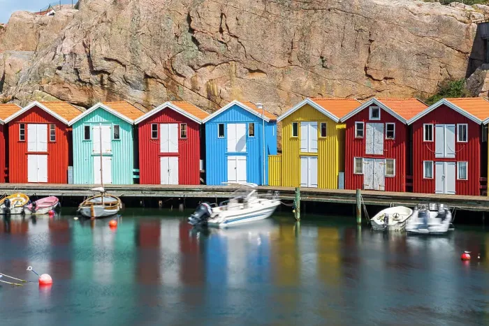 Framed Print : Smogenbryggan, the picturesque harbour of Smogen with the traditional and colorful boathouses, Smogen, Bohuslan, Vastra Gotaland, Sweden