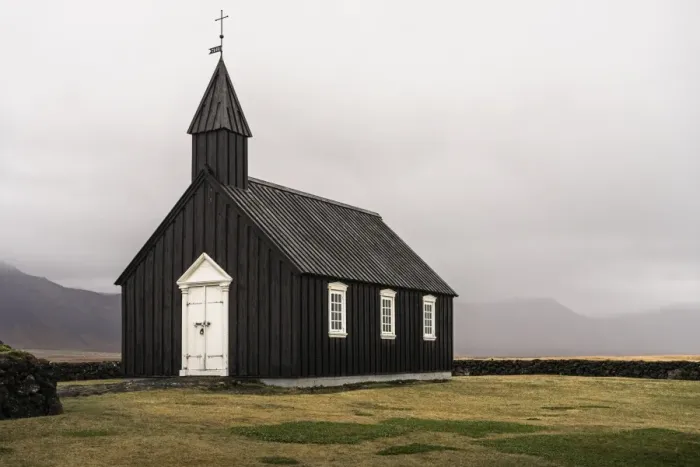 Framed Print : Snaefellsnes peninsula, Iceland, Europe. The small black church in Budir Framed Print : Snaefellsnes peninsula, Iceland, Europe. The small black church in Budir