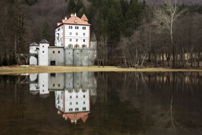 Framed Print : Sneznik Castle reflected in winter floodwater, near Kozarisce, Notranjska, Slovenia Framed Print : Sneznik Castle reflected in winter floodwater, near Kozarisce, Notranjska, Slovenia