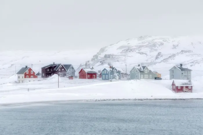 Framed Print : Snow blizzard over the village of Veines and arctic sea, Kongfjord, Varanger Peninsula