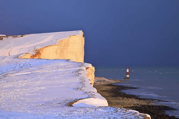 Snow Covered Beachy Head And Lighthouse, Eastbourne Downland Estate, Eastbourne, East Sussex