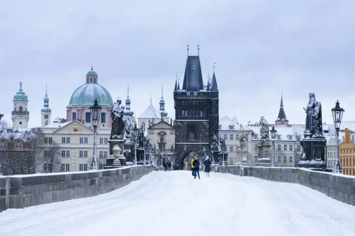 Framed Print : Snow-covered Charles Bridge and Old Town Bridge Tower in winter, Prague, Bohemia Framed Print : Snow-covered Charles Bridge and Old Town Bridge Tower in winter, Prague, Bohemia