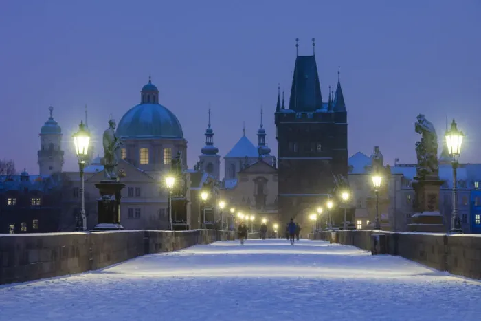 Framed Print : Snow-covered Charles Bridge at twilight in winter, Prague, Bohemia, Czech Republic Framed Print : Snow-covered Charles Bridge at twilight in winter, Prague, Bohemia, Czech Republic