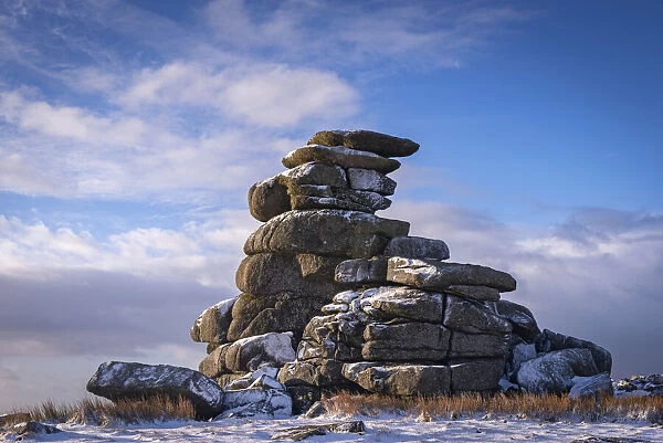 Snow covered granite outcrops on Great Staple Tor, Dartmoor National Park, Devon, England