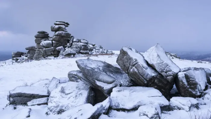 Framed Print : Snow covered granite rocks at Great Staple Tor, Dartmoor, Devon, England. Winter Framed Print : Snow covered granite rocks at Great Staple Tor, Dartmoor, Devon, England. Winter