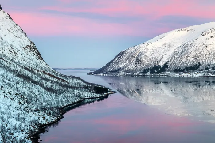 Framed Print : Snow-covered hills reflecting in Bergsfjord from theBergsbotn viewpoint, Senja, Troms county, Norway Framed Print : Snow-covered hills reflecting in Bergsfjord from theBergsbotn viewpoint, Senja, Troms county, Norway