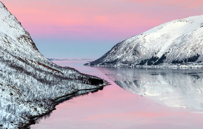 Framed Print : Snow-covered hills reflecting in Bergsfjord from theBergsbotn viewpoint, Senja, Troms county, Norway