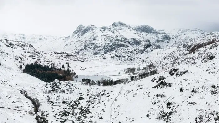Framed Print : Snow covered landscape, Langdale Pikes, Lake District National Park, Cumbria, England