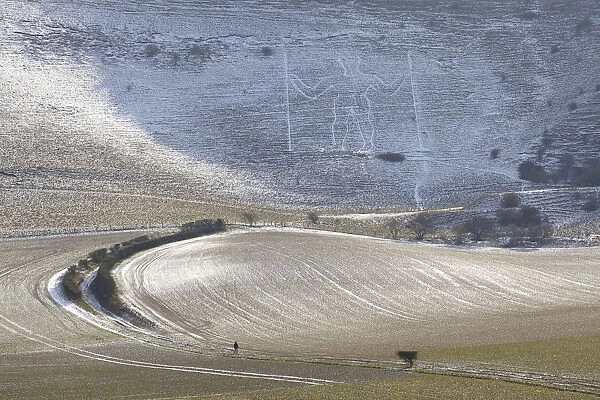 Snow Covered Long Man Of Wilmington, Wilmington, South Downs, East Sussex, United Kingdom