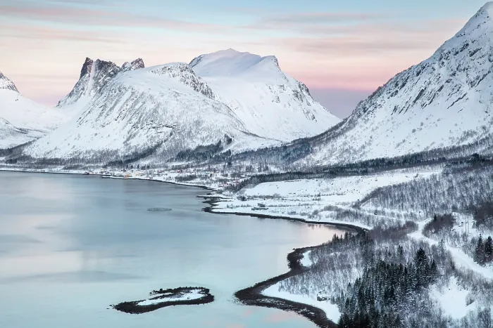 Framed Print : Snow-covered mountains & Bergsfjord from theBergsbotn viewpoint, Senja, Troms county, Norway