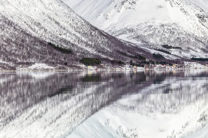 Framed Print : Snow-covered mountains with a perfect reflection in flat calm waters of Sorfjorden, island of Kvaloya, near Tromso, Norway Framed Print : Snow-covered mountains with a perfect reflection in flat calm waters of Sorfjorden, island of Kvaloya, near Tromso, Norway