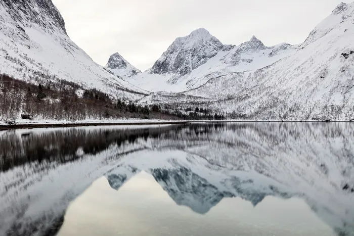 Framed Print : Snow-covered mountains reflecting in Bergsfjord, near Bergsbotn, Senja, Troms county, Norway