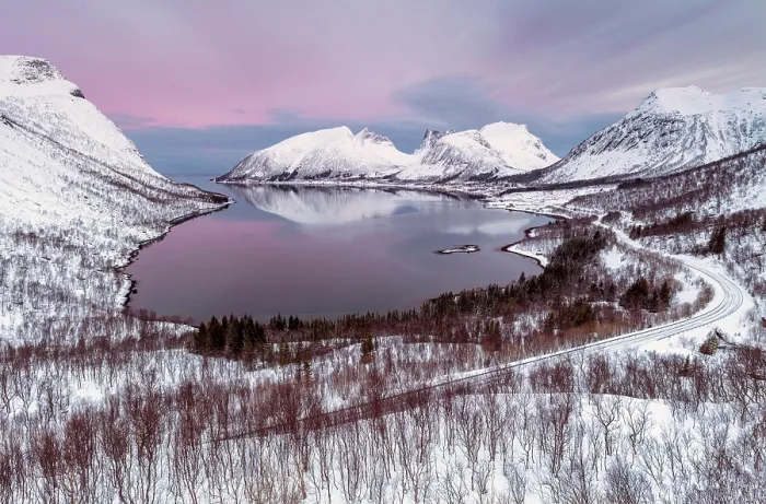Framed Print : Snow-covered mountains reflecting in Bergsfjord from theBergsbotn viewpoint, Senja, Troms county, Norway Framed Print : Snow-covered mountains reflecting in Bergsfjord from theBergsbotn viewpoint, Senja, Troms county, Norway