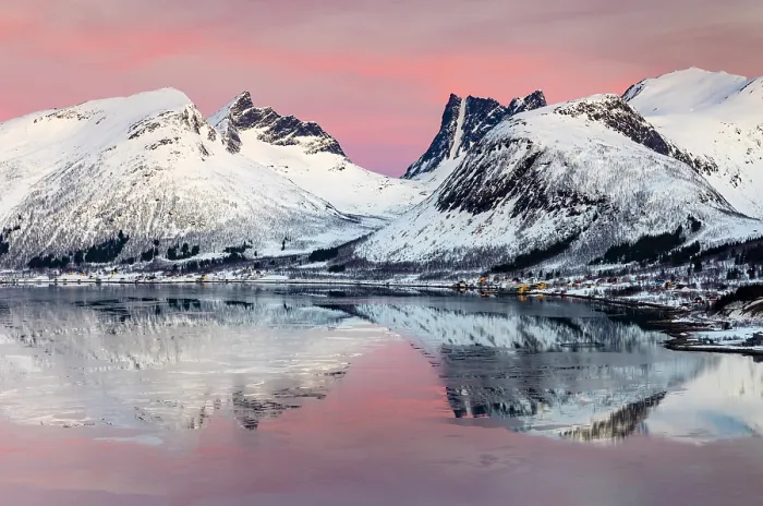 Framed Print : Snow-covered mountains reflecting in Bergsfjord from theBergsbotn viewpoint, Senja, Troms county, Norway