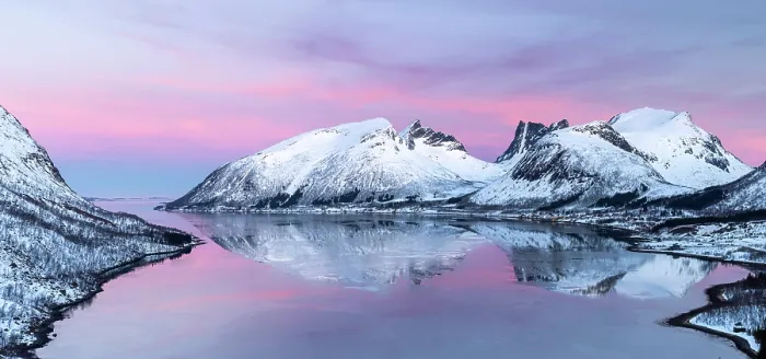 Framed Print : Snow-covered mountains reflecting in Bergsfjord from theBergsbotn viewpoint, Senja, Troms county, Norway