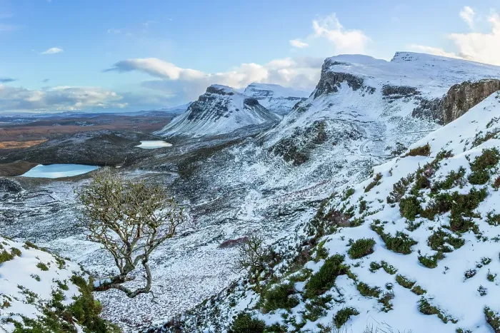 Framed Print : Snow covered Trotternish ridge from the Quiraing, Trotternish Peninsula, Isle of Skye, Inner Hebrides, Highlands, Scotland, UK