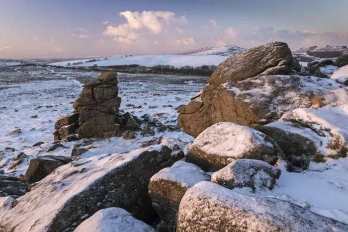 Framed Print : Snow dusted granite outcrops on Hound Tor, Dartmoor National Park, Devon, England Framed Print : Snow dusted granite outcrops on Hound Tor, Dartmoor National Park, Devon, England