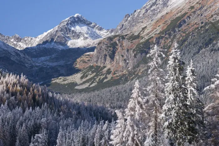 Framed Print : Snow dusted mountains and pine forests of the High Tatras, Slovakia, Europe. Autumn Framed Print : Snow dusted mountains and pine forests of the High Tatras, Slovakia, Europe. Autumn