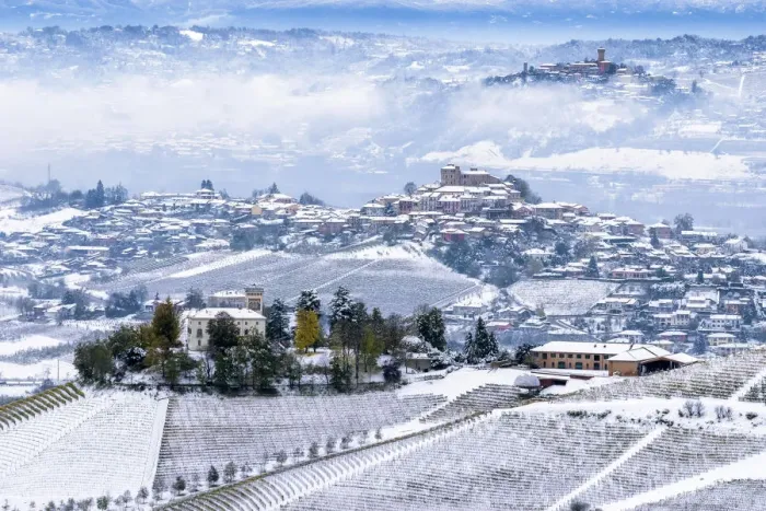 Framed Print : Snow on the three hills of Ceretto Wine, Roddi and Santa Vittoria d