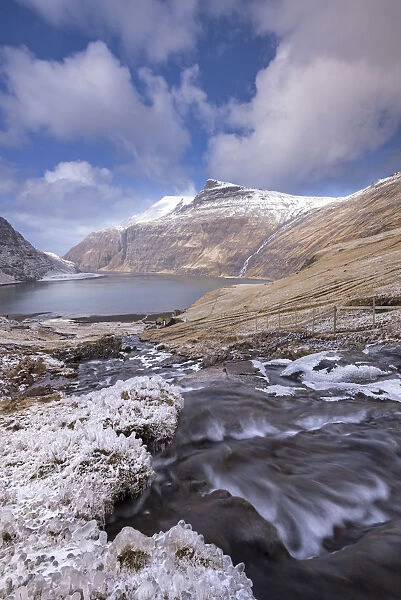 Snow and ice covered scenery at Saksun on the island of Streymoy, Faroe Islands, Denmark
