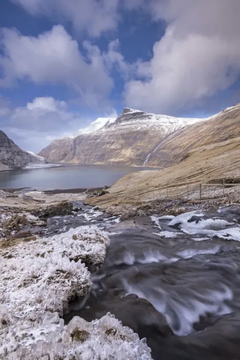 Framed Print : Snow and ice covered scenery at Saksun on the island of Streymoy, Faroe Islands, Denmark
