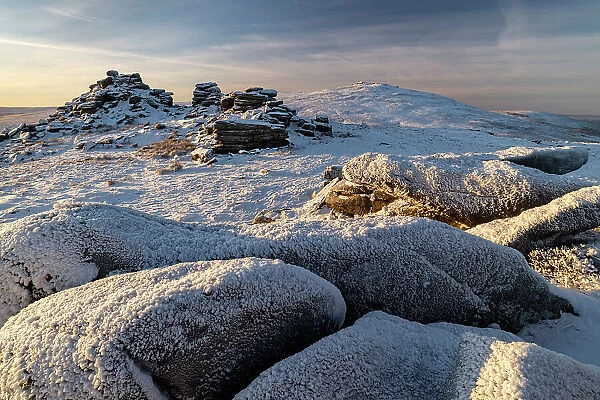Snow and ice over moorland at West Mill Tor in Dartmoor National Park, Devon, England. Winter (December) 2022