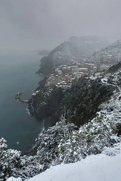 Snow in Riomaggiore, municipality of Riomaggiore, La Spezia provence, Liguria district
