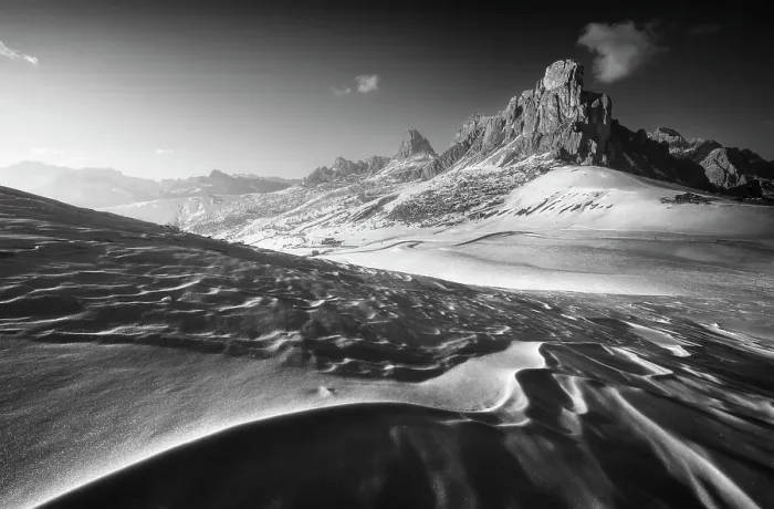 Framed Print : Snow textures creating interesting leading lines at the Giau Pass with the Ra Gusela in the background. Dolomites, Italy Framed Print : Snow textures creating interesting leading lines at the Giau Pass with the Ra Gusela in the background. Dolomites, Italy