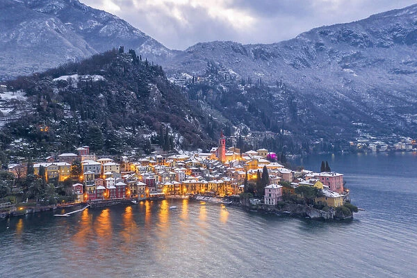 Snow above Varenna on Como lake, Lecco province, Lombardy, Italy