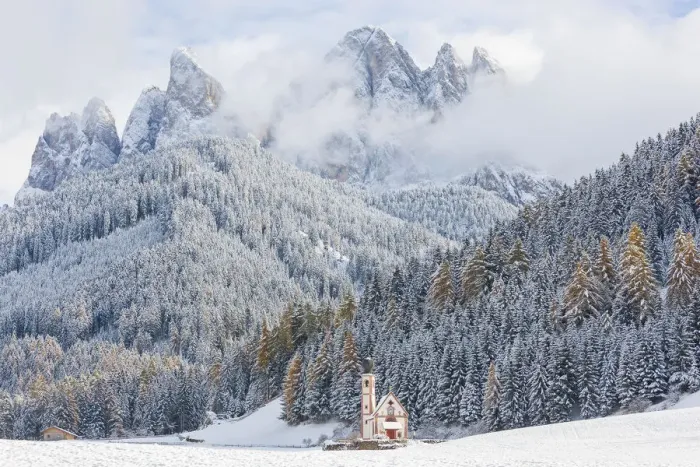 Framed Print : Snow, winter, St Johann Church, Val di Funes, Dolomites, Italy Framed Print : Snow, winter, St Johann Church, Val di Funes, Dolomites, Italy