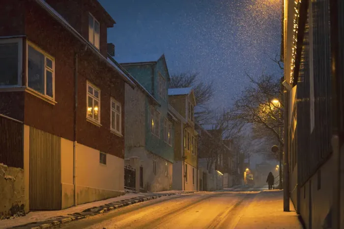 Framed Print : Snowfall in Taorshavn. Streymoy, Faroe Islands
