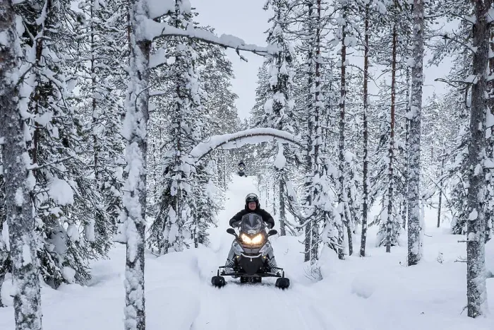 Framed Print : Snowmobiles on forest road, Kuusamo, Finland Framed Print : Snowmobiles on forest road, Kuusamo, Finland