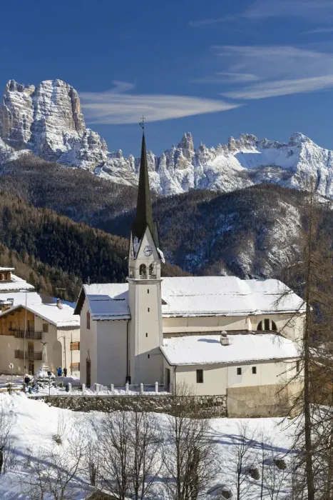 Framed Print : The snowy alpine village and church of Zoppa di Cadore framed by the peak of Bosconero Framed Print : The snowy alpine village and church of Zoppa di Cadore framed by the peak of Bosconero