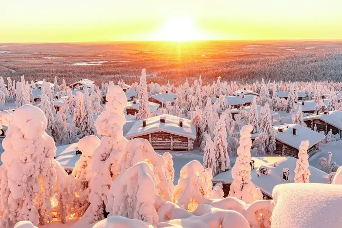 Framed Print : Snowy cottages in the arctic forest lit by sun rays at dawn, Iso Syote, Lapland, Finland Framed Print : Snowy cottages in the arctic forest lit by sun rays at dawn, Iso Syote, Lapland, Finland
