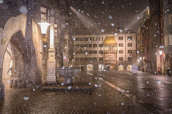 A snowy evening in the inner city of Innsbruck, Tyrol, Austria