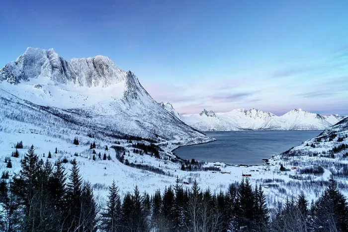 Framed Print : Snowy forest with Breidtinden mountain on background above the icy fjord, Mefjorden, Senja, Troms county, Norway Framed Print : Snowy forest with Breidtinden mountain on background above the icy fjord, Mefjorden, Senja, Troms county, Norway