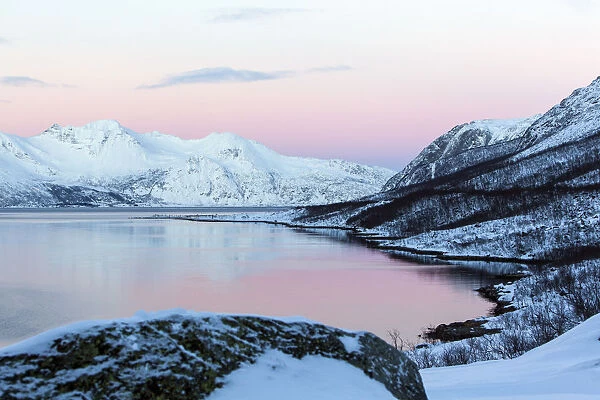 Snowy landscape on Kvaloya near Tromso, Troms region, Norway