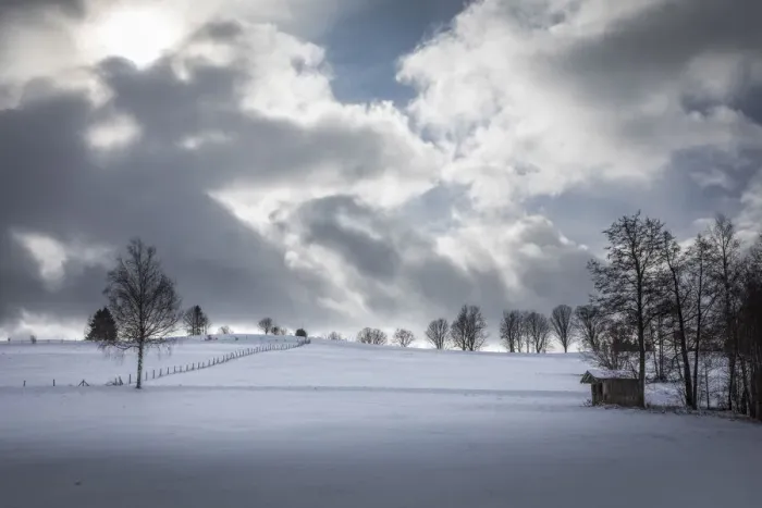 Framed Print : Snowy landscape near Bad Bayersoien, Upper Bavaria, Bavaria, Germany