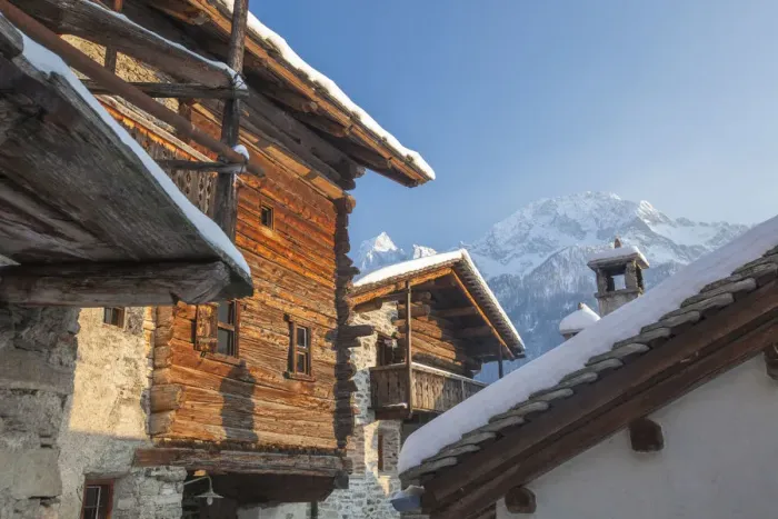 Framed Print : Snowy mountain huts framed by blue sky Soglio canton of Graubünden Maloja District Bregaglia Valley Engadine Switzerland Europe Framed Print : Snowy mountain huts framed by blue sky Soglio canton of Graubünden Maloja District Bregaglia Valley Engadine Switzerland Europe