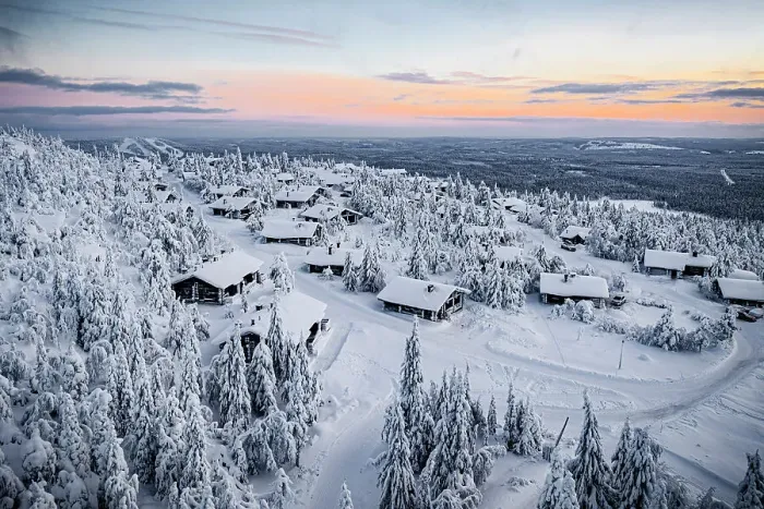 Framed Print : Snowy mountain huts in the frozen forest at sunset, Pudasjarvi, Iso Syote hill, Lapland, Finland Framed Print : Snowy mountain huts in the frozen forest at sunset, Pudasjarvi, Iso Syote hill, Lapland, Finland
