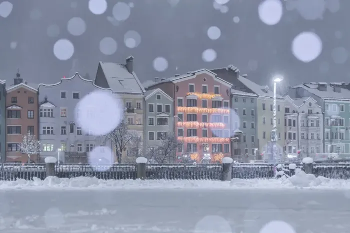 Framed Print : A snowy night by the Mariahilf buildings, Marktplatz, Innsbruck, Tyrol, Austria