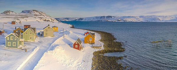 Snowy road in the coastal village of Veines, Kongsfjord, Varanger Peninsula