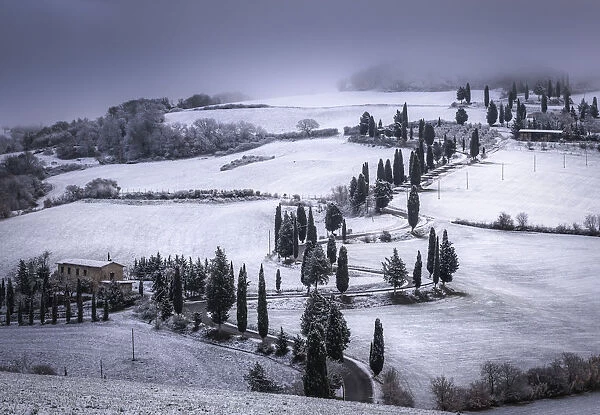Snowy roads, Val d Orcia, Monticchiello, Siena, Tuscany, Italy