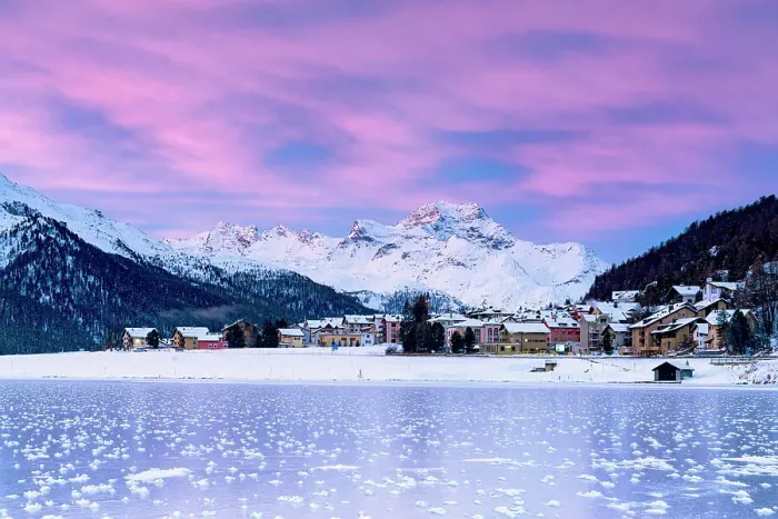 Framed Print : Snowy village of Silvaplana and frozen lake Champfer under the colorful sky at dawn, Graubunden canton, Engadin, Switzerland Framed Print : Snowy village of Silvaplana and frozen lake Champfer under the colorful sky at dawn, Graubunden canton, Engadin, Switzerland